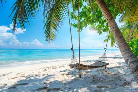 A tranquil scene of a hammock tied between two palm trees on a serene tropical beach with golden sand and a sunlit ocean.の素材