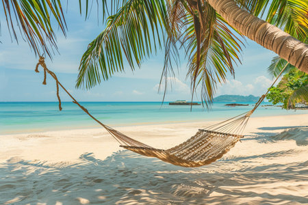 A tranquil scene of a hammock tied between two palm trees on a serene tropical beach with golden sand and a sunlit ocean.の素材