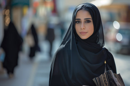 A stylish young woman in a hijab holding shopping bags on a busy city street, looking serene and content.の素材
