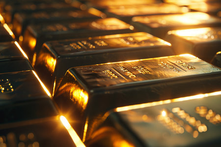 Close-up view of illuminated gold bullion bars stacked, representing wealth, investment, and financial security.の素材