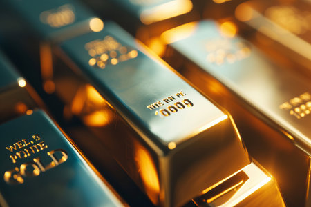 Close-up view of illuminated gold bullion bars stacked, representing wealth, investment, and financial security.の素材