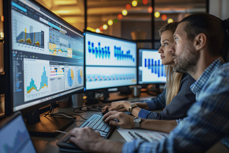 Focused male and female data analysts reviewing complex financial charts and graphs on multiple computer screens in a modern office at night.の素材