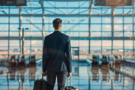 Professional male traveler with suitcase and backpack walking through an airport terminal, possibly on a business trip.の素材