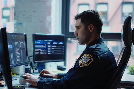 Focused police officer in uniform observing multiple security camera feeds on computer monitors in a surveillance room.の素材