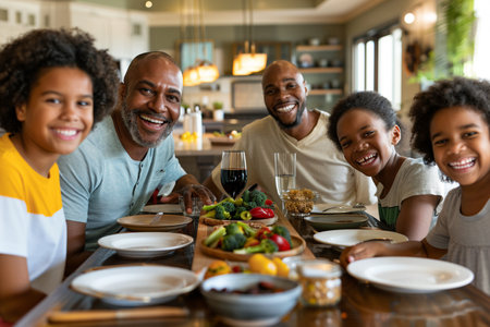 A joyful multigenerational family gathering around the dinner table, sharing a festive meal with smiles and laughter.の素材