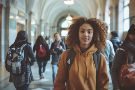 A confident teenage girl with a denim jacket and a shoulder bag walking through a school corridor with classmates in the background.の素材