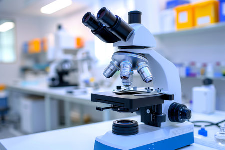A high-tech microscope equipped with multiple lenses on a sterile workbench in a bright scientific research laboratory.の素材