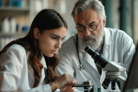 Focused scientists in a laboratory setting meticulously studying specimens under microscopes, indicative of medical research and analysis.の素材