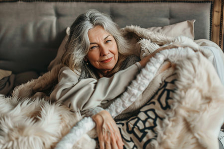 An elderly woman lies comfortably in bed, her expression content and peaceful, suggesting a moment of relaxation or reflection in a cozy bedroom setting.の素材