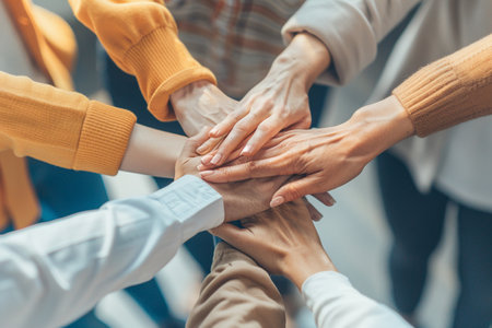 A diverse team of professionals shows unity and teamwork by stacking hands together, symbolizing collaboration and solidarity in the workplace.の素材