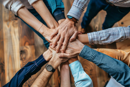 A diverse team of professionals shows unity and teamwork by stacking hands together, symbolizing collaboration and solidarity in the workplace.の素材