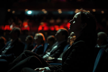 A professional woman attentively listens during a business conference, surrounded by fellow attendees.の素材