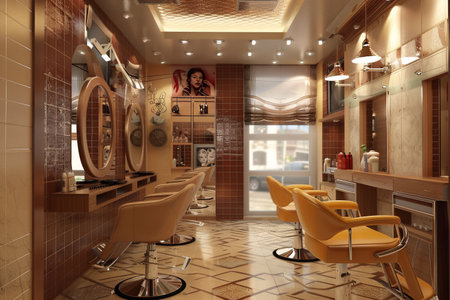 Luxurious hair salon with stylish white chairs, ornate mirrors, and chic lighting, reflecting a contemporary beauty space.の素材