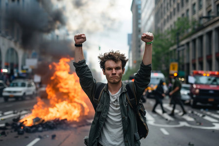 Young man with raised fists in front of a blazing fire during a city protest.の素材