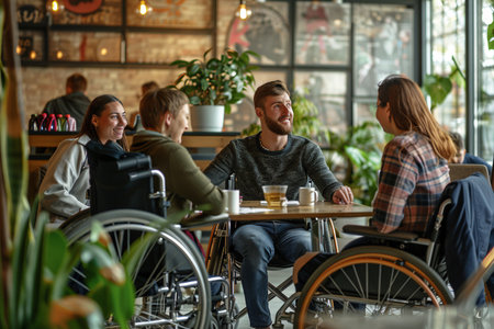 Group of friends, some in wheelchairs, having a good time in a cozy cafe environment.の素材