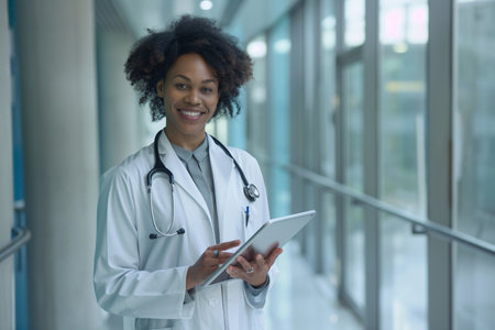 Smiling African American female doctor holding a tablet in a modern hospital corridor.の素材