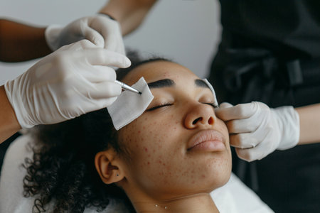 Dermatologist with gloves carefully examining the facial skin of a female patient with acne issues.の素材