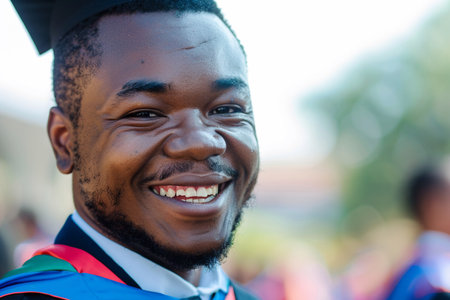 Joyful African American graduate in cap and gown smiling on graduation day, embodying achievement and success.の素材