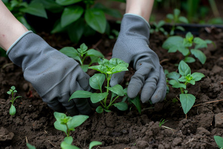 Close-up of a gardener's hands nurturing a young basil plant in the rich, dark soil of a sunny garden.の素材