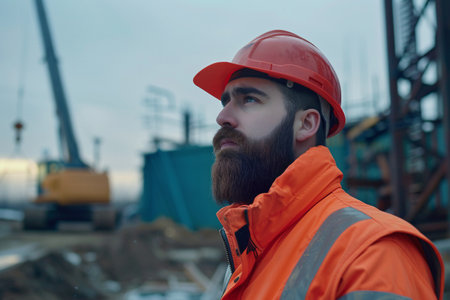 A bearded construction worker in a hard hat and safety goggles looks on thoughtfully at an industrial site.の素材