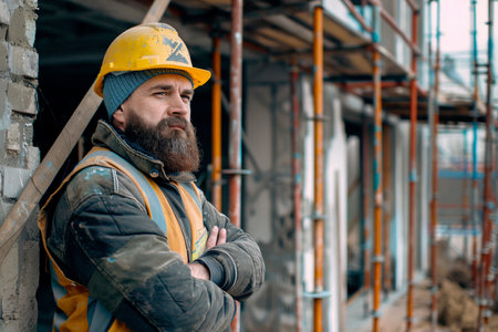 A bearded construction worker in a hard hat and safety goggles looks on thoughtfully at an industrial site.の素材