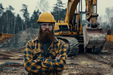A bearded construction worker in a hard hat and safety goggles looks on thoughtfully at an industrial site.の素材