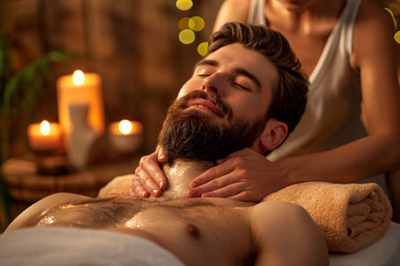Bearded man receiving a soothing neck massage at a tranquil spa setting with ambient candlelight.の素材