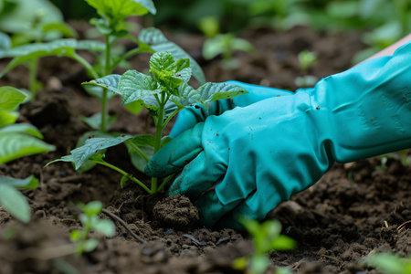 Close-up of a gardener's hands nurturing a young basil plant in the rich, dark soil of a sunny garden.の素材