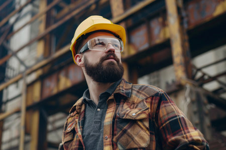 A bearded construction worker in a hard hat and safety goggles looks on thoughtfully at an industrial site.の素材