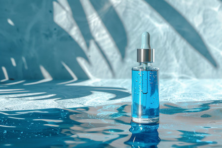 Luxurious blue glass skincare serum bottle with dropper on a reflective surface with artistic shadow play.の素材