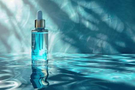 Luxurious blue glass skincare serum bottle with dropper on a reflective surface with artistic shadow play.の素材