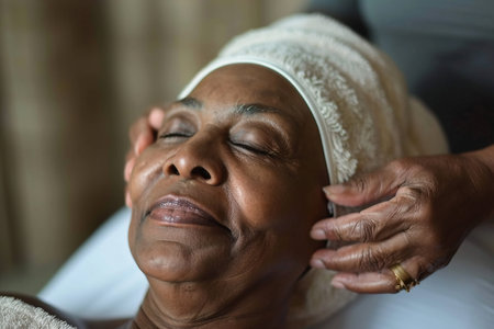An older African American woman receives a soothing facial massage, embodying relaxation and self-care.の素材