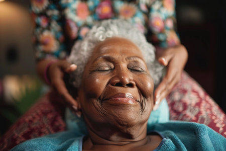 An older African American woman receives a soothing facial massage, embodying relaxation and self-care.の素材