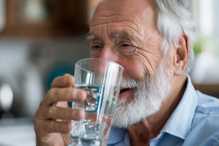 An elderly man with a white beard joyfully sips a glass of clear water, highlighting the importance of hydration.の素材
