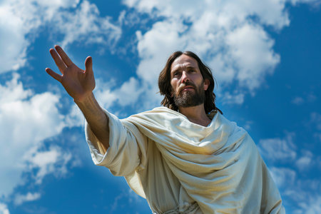 A man dressed as Jesus Christ extends his hand, with a dramatic cloudy sky in the background, conveying hope and guidance.の素材