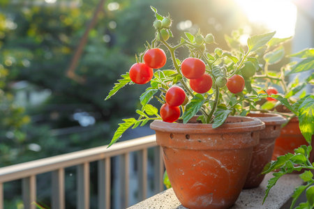 Vibrant red tomatoes thriving in a terracotta pot on a sunny balcony, showcasing urban container gardening.の素材