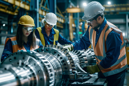 Two focused female engineers with hard hats and protective glasses are analyzing a piece of machinery with a digital tablet in an industrial setting.の素材