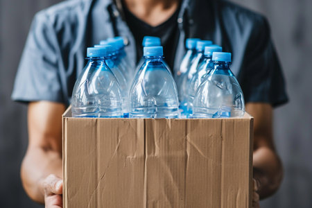 Person Holding Cardboard Box Full of Plastic Bottles for Recycling. Environmental Responsibility and Conservation Concept --ar 3:2 --v 6 Job ID: 4709bbad-6b76-4a46-9e9a-fd6903669ab4の素材