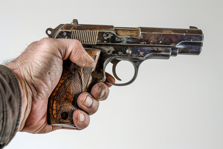 Close up of a vintage old pistol gun in the hand of a man with isolated white background, in the style of photo realistic --ar 3:2 Job ID: daeafb57-56a0-48f5-803b-7a1541f8956bの素材