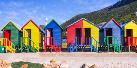 Bright colorful victorian beach houses, Muizenberg South Africaのeditorial素材