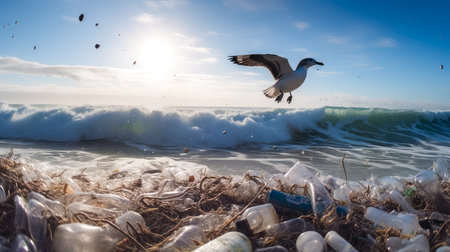 Seagull and garbage on the beach. Pollution environment conceptの素材