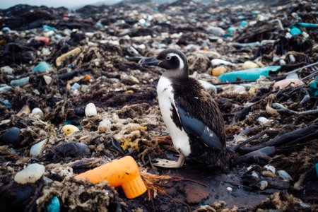 African penguin (Spheniscus demersus) on a garbage dumpの素材