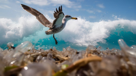 Seagull flying over the sea with plastic garbage in the backgroundの素材