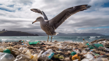 Seagull on the beach, Garbage in the ocean.の素材