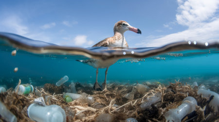 Seagull in the ocean and plastic trash on the bottom.の素材