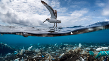 A seagull is flying over a garbage dump in the oceanの素材
