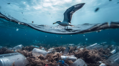 A seagull flies over a trash dump in the ocean.の素材
