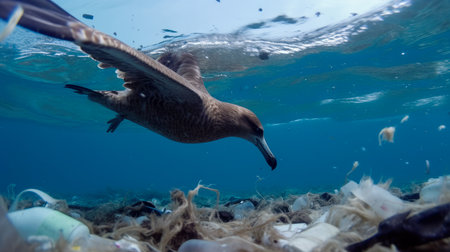 Seagull and garbage in the ocean. The concept of environmental pollution.の素材
