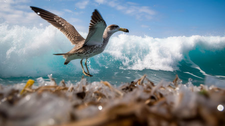 Beautiful seagull on the background of the sea waves.の素材
