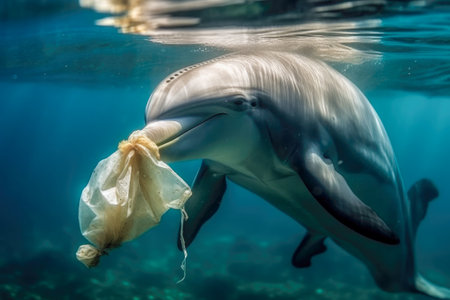 Dolphin with plastic bag in the ocean. Plastic pollution concept.の素材